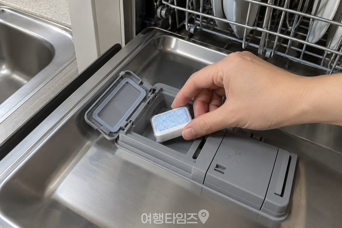 식기세척기 문 안쪽의 세제함에 마른 손으로 타블릿 세제를 평평하게 넣는 모습. / 기사 이해를 돕기 위한 생성형 이미지