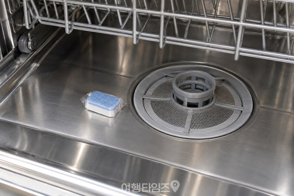 식기세척기 바닥 거름망 옆의 평평한 자리에 타블릿 세제를 놓은 모습. / 기사 이해를 돕기 위한 생성형 이미지