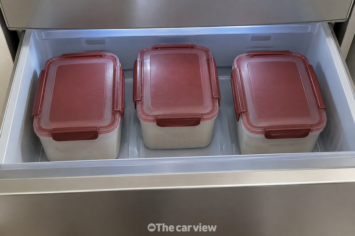 뚜껑이 단단히 닫힌 김치통이 김치냉장고 서랍 안에 정돈돼 있다. / 기사 이해를 돕기 위한 생성형 이미지