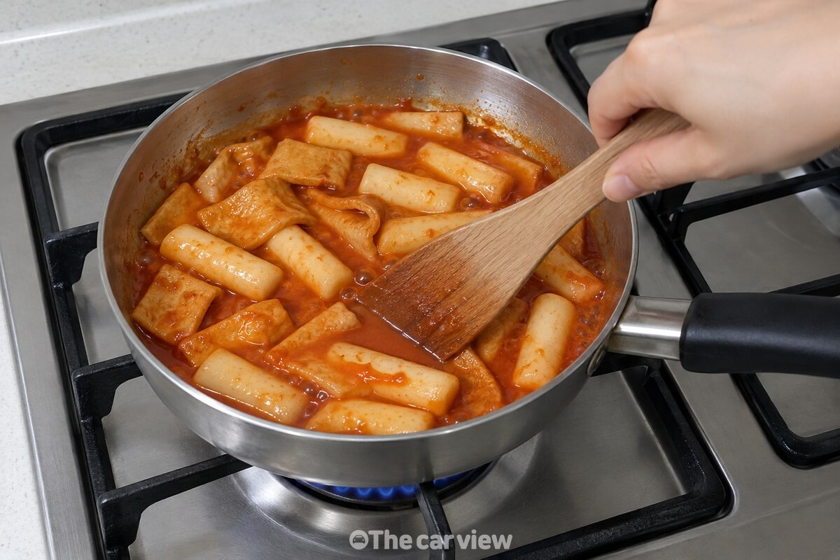 나무 주걱으로 냄비 바닥을 따라 저으며 떡과 어묵을 끓이고 있다. / 기사 이해를 돕기 위한 생성형 이미지