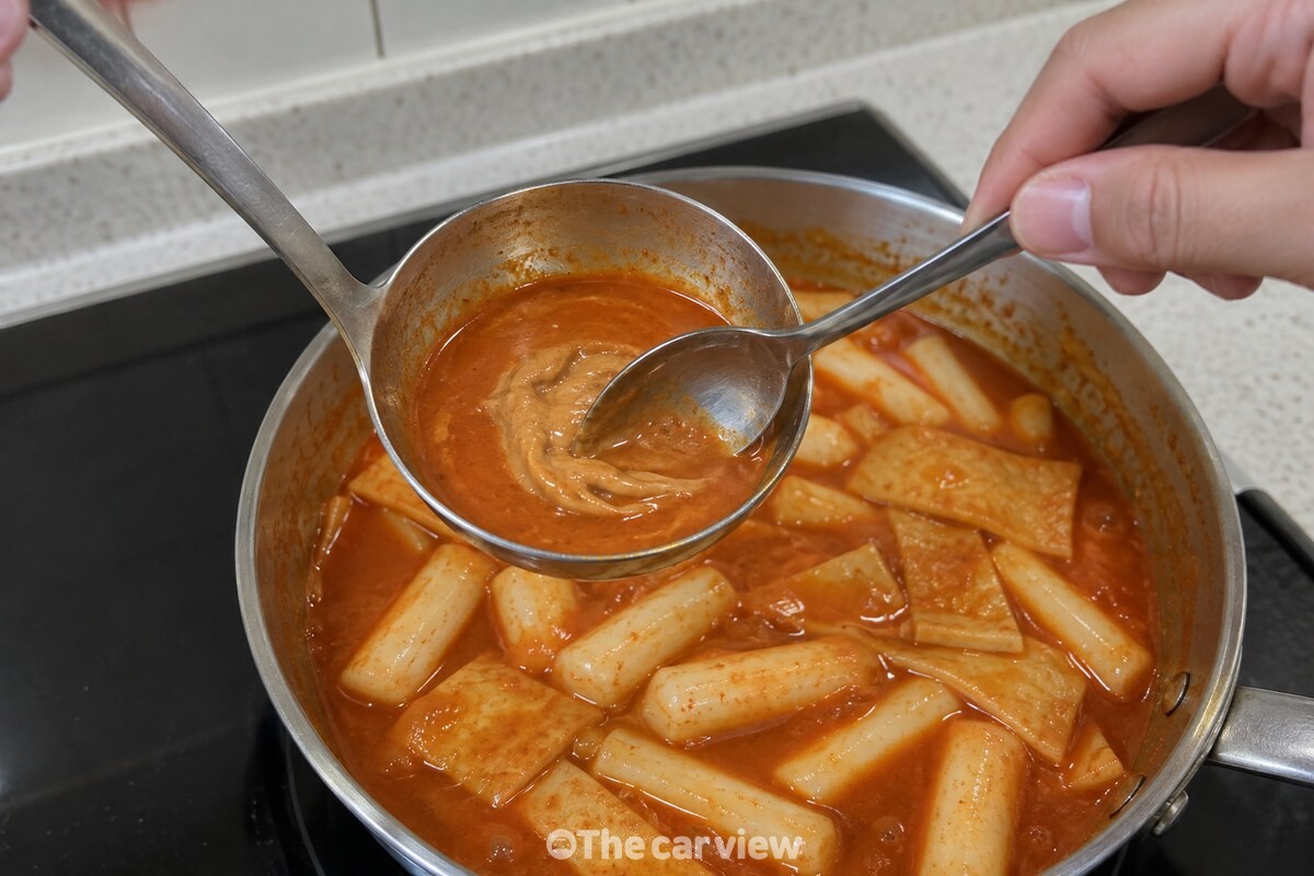 국자를 든 손이 떡볶이 국물에 땅콩버터를 풀어 섞고 있다. / 기사 이해를 돕기 위한 생성형 이미지