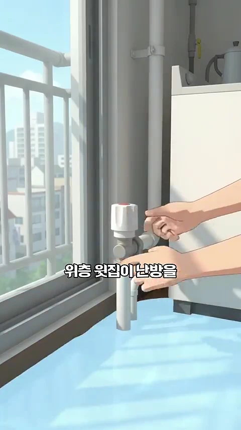 애니메이션 스타일의 영상에서 두 손이 실내 창가 근처에 설치된 하얀색 보일러 밸브를 조절하고 있으며, 화면 하단에는 '위층 윗집이 난방을'이라는 자막이 표시되어 있습니다.