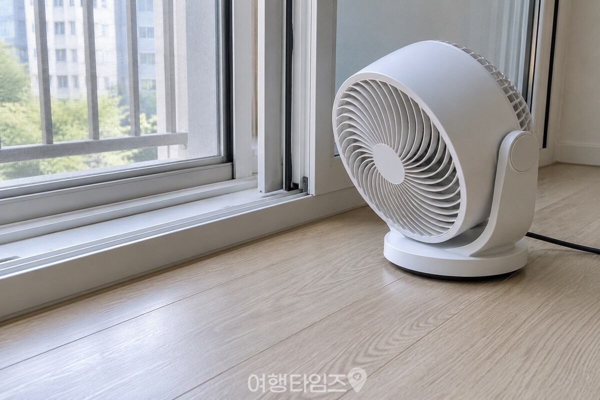 열린 미닫이 창 앞에서 바닥 쪽으로 바람을 보내는 작은 서큘레이터 / 기사 이해를 돕기 위한 생성형 이미지