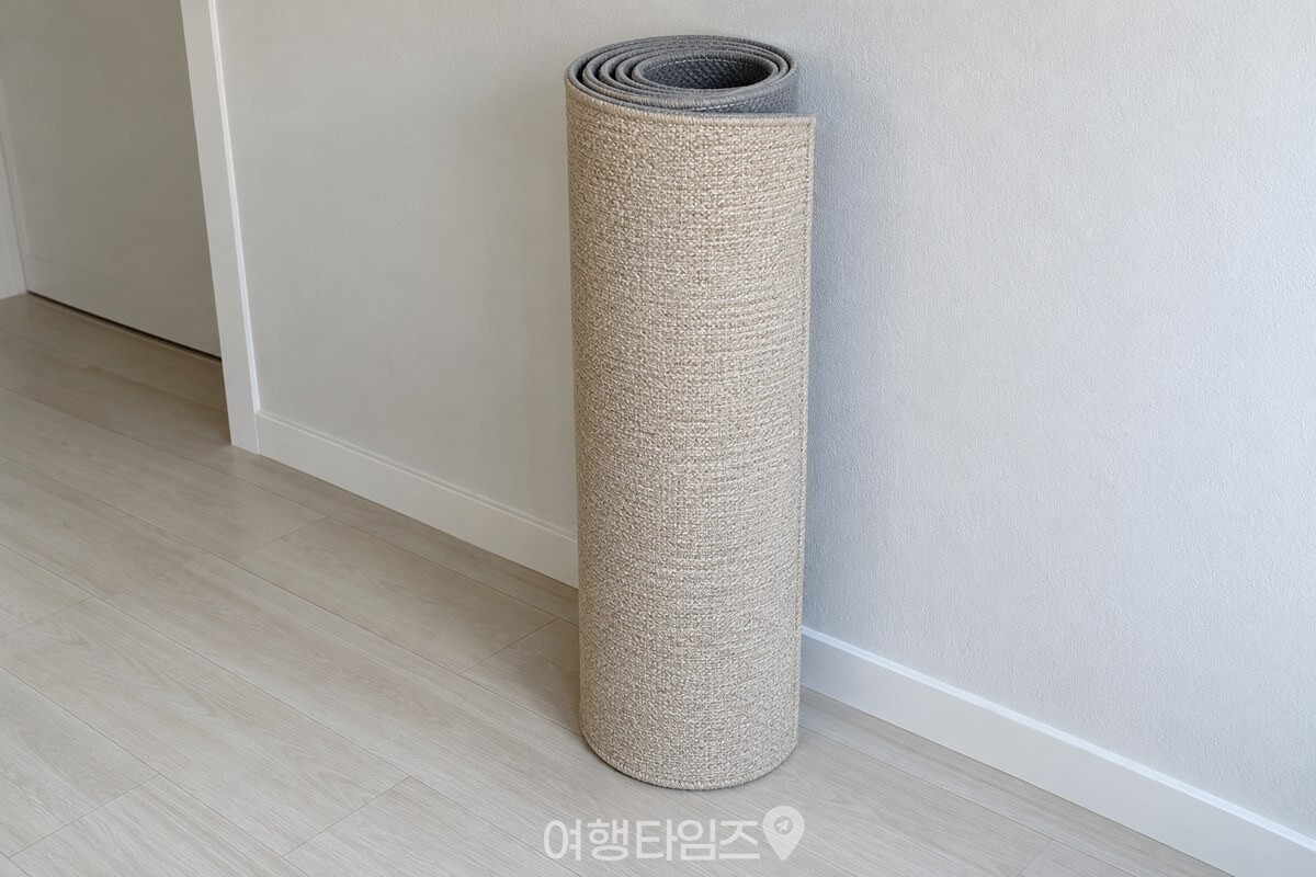 한쪽 끝부터 돌돌 말아 벽 옆에 세워 둔 베이지색 러그 / 기사 이해를 돕기 위한 생성형 이미지
