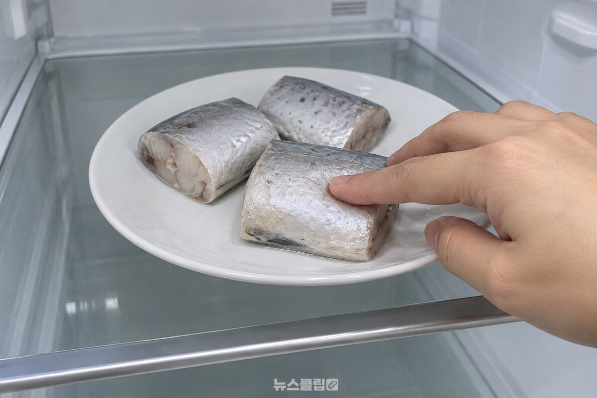 냉장실에서 천천히 해동한 갈치 토막을 손으로 눌러 상태를 확인하는 모습. / 기사 이해를 돕기 위한 생성형 이미지