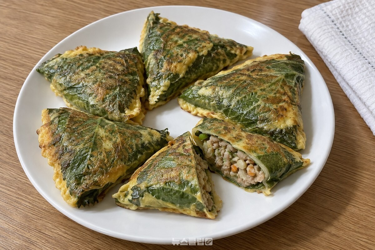 접시에 담은 노릇한 깻잎전의 단면에서 잘게 자른 만두 속이 보인다. / 기사 이해를 돕기 위한 생성형 이미지