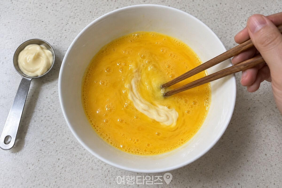 계란물에 마요네즈 한 큰술을 넣고 젓가락으로 고루 푸는 모습 / 기사 이해를 돕기 위한 생성형 이미지