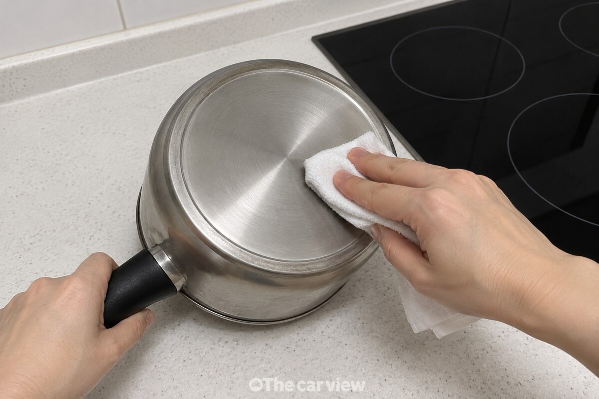 수건으로 냄비 바닥 가운데부터 테두리까지 물기를 닦는 모습. / 기사 이해를 돕기 위한 생성형 이미지