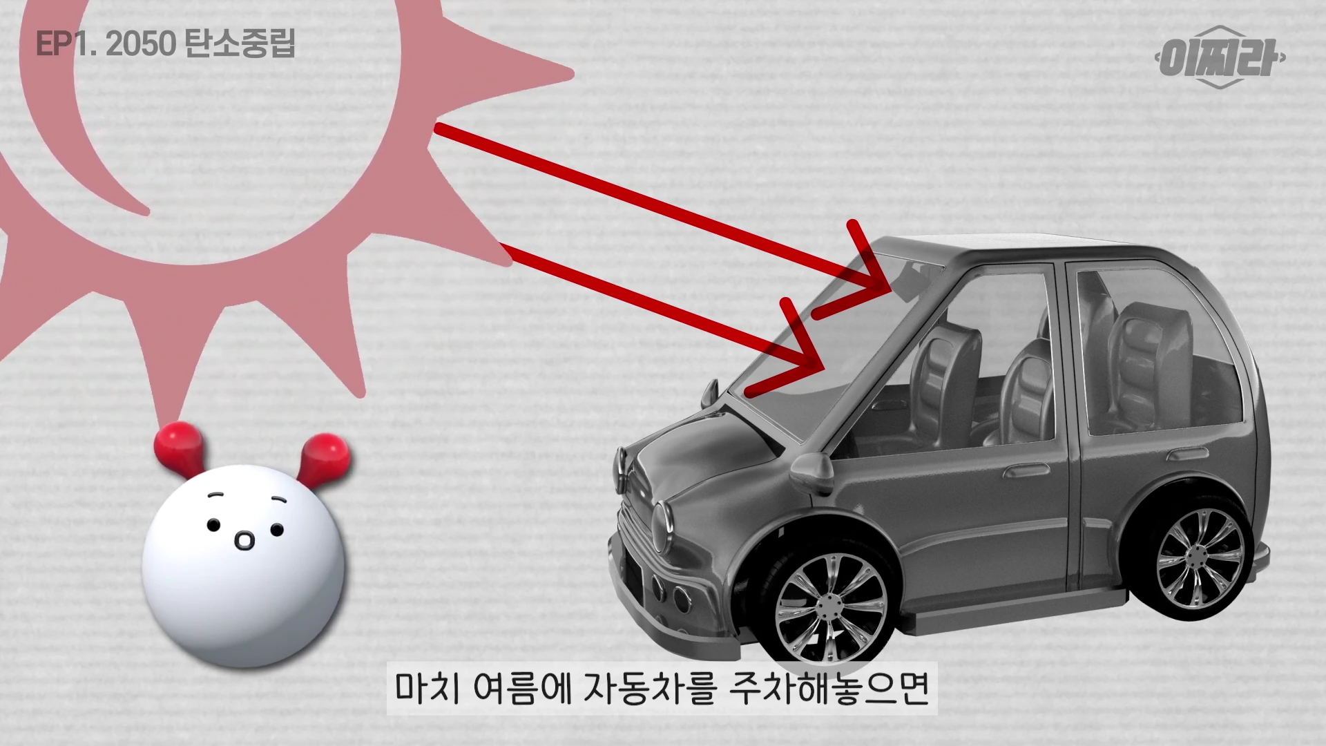햇살이 자동차를 향해 쏟아지는 모습을 보여주는 애니메이션 그래픽과 하단에 적힌 자막이 포함된 화면