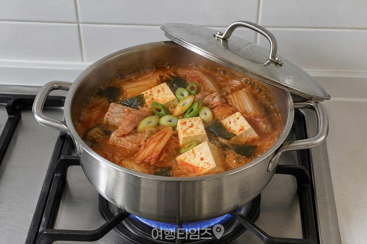 두부와 대파를 넣고 뚜껑을 반쯤 연 채 끓이는 김치찌개. / 기사 이해를 돕기 위한 생성형 이미지