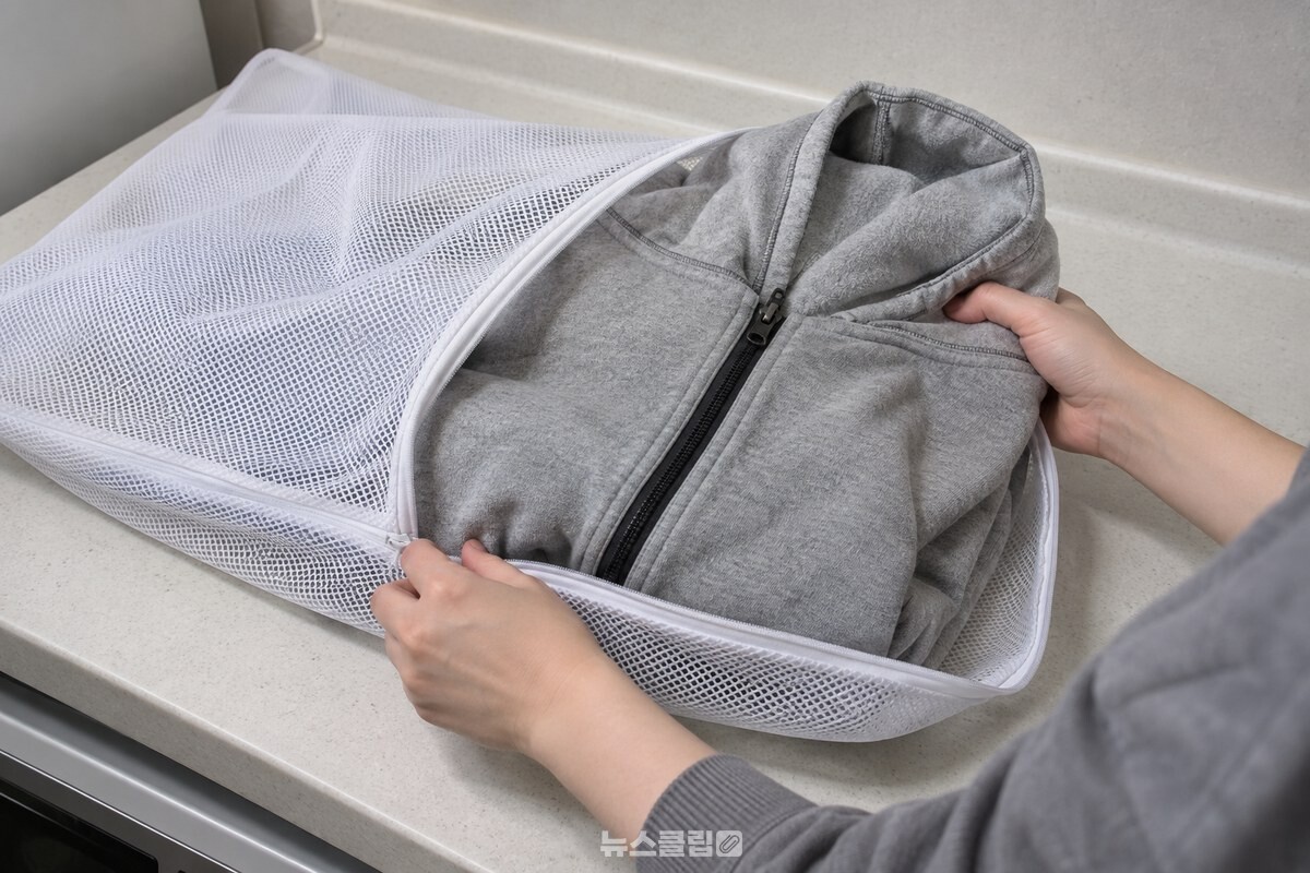 지퍼를 끝까지 올린 뒤집은 회색 후드티를 빨래망에 넣는 손. / 기사 이해를 돕기 위한 생성형 이미지