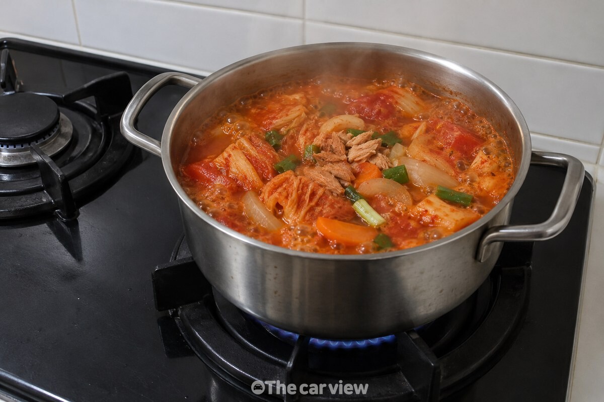 냄비에 토마토와 김치를 넣어 끓인 참치 김치찌개가 담겨 있다. / 기사 이해를 돕기 위한 생성형 이미지