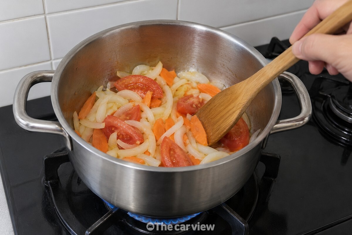 투명해지기 시작한 양파와 당근에 토마토를 넣고 함께 볶고 있다. / 기사 이해를 돕기 위한 생성형 이미지
