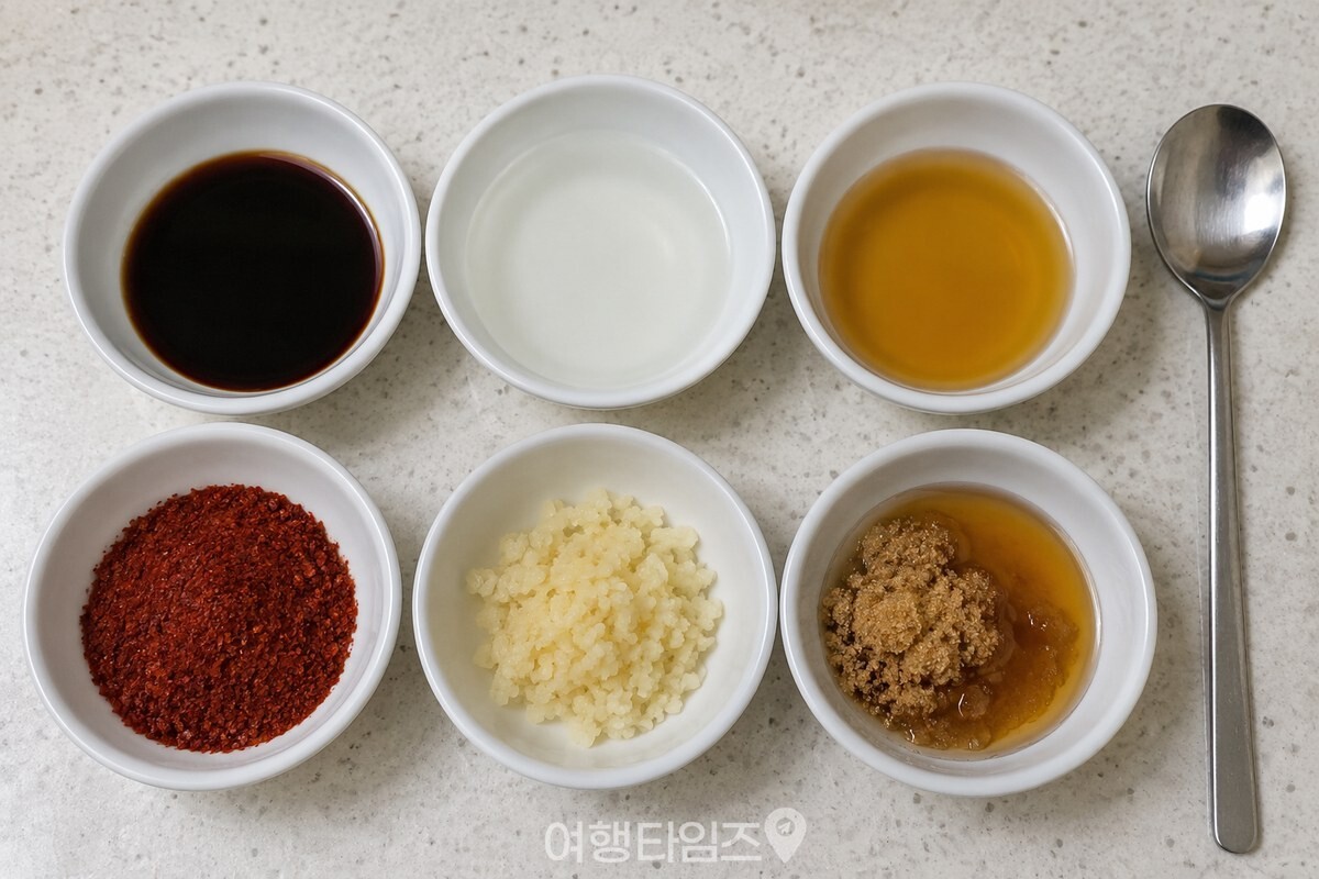 고구마생채 양념에 쓰는 간장, 식초, 들기름과 고춧가루를 밥숟가락으로 덜어 둔 모습 / 기사 이해를 돕기 위한 생성형 이미지