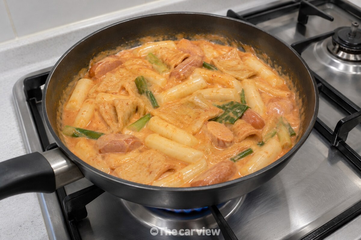 넓은 팬에서 연한 분홍빛 국물과 밀떡, 어묵을 함께 끓이는 로제떡볶이입니다. / 기사 이해를 돕기 위한 생성형 이미지