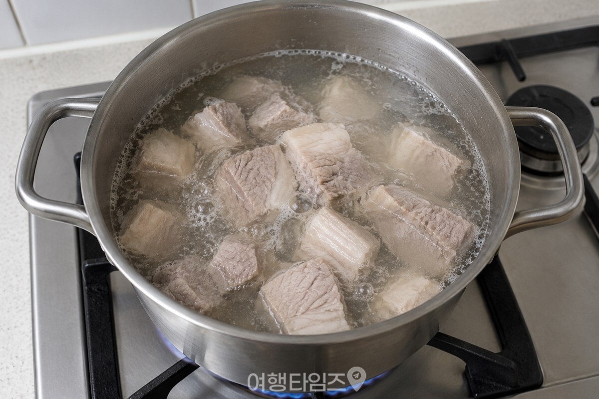 물에 익힌 돼지고기 조각이 국물 속에서 고르게 익고 있다. / 기사 이해를 돕기 위한 생성형 이미지
