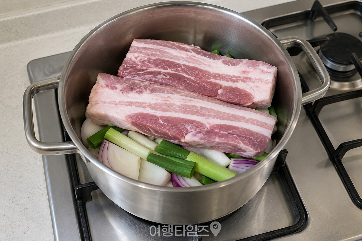 양파와 대파를 바닥에 깔고 삼겹살을 올린 물 없는 냄비의 단면. / 기사 이해를 돕기 위한 생성형 이미지