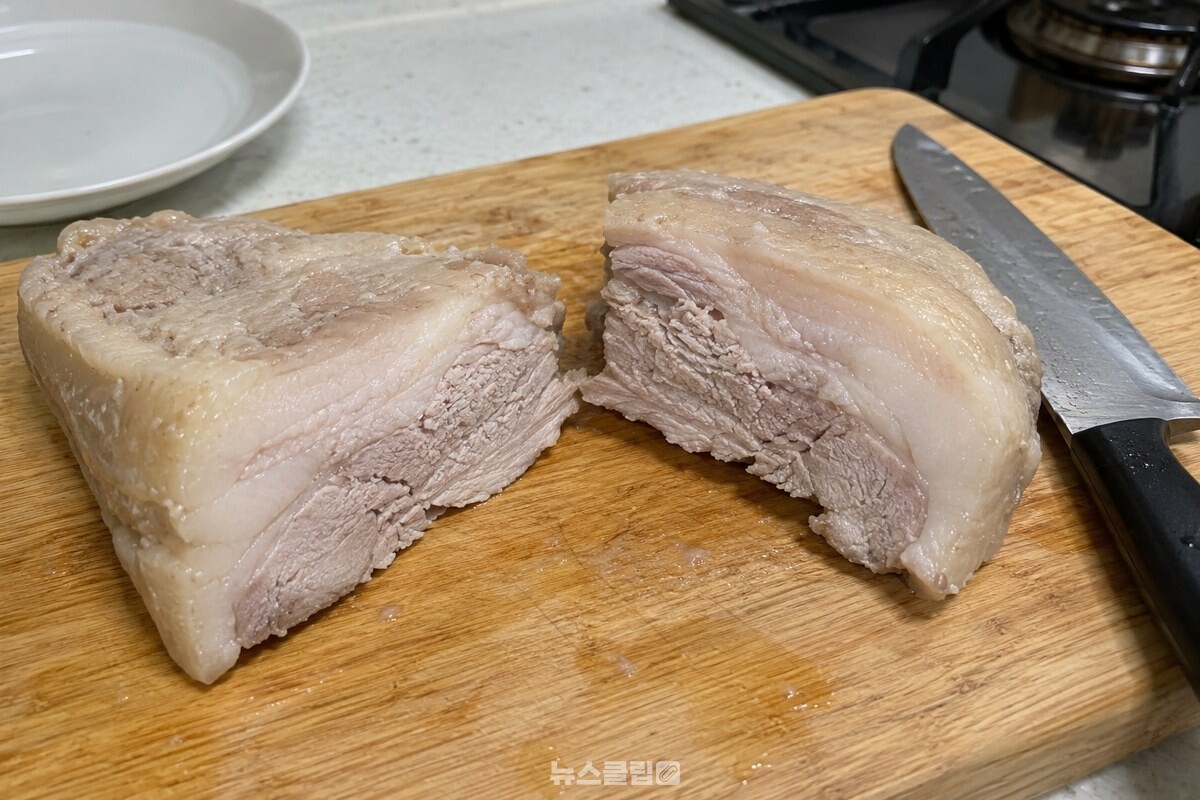 삶은 돼지고기 한 조각을 반으로 잘라 속까지 익은 단면을 확인하는 모습. / 기사 이해를 돕기 위한 생성형 이미지