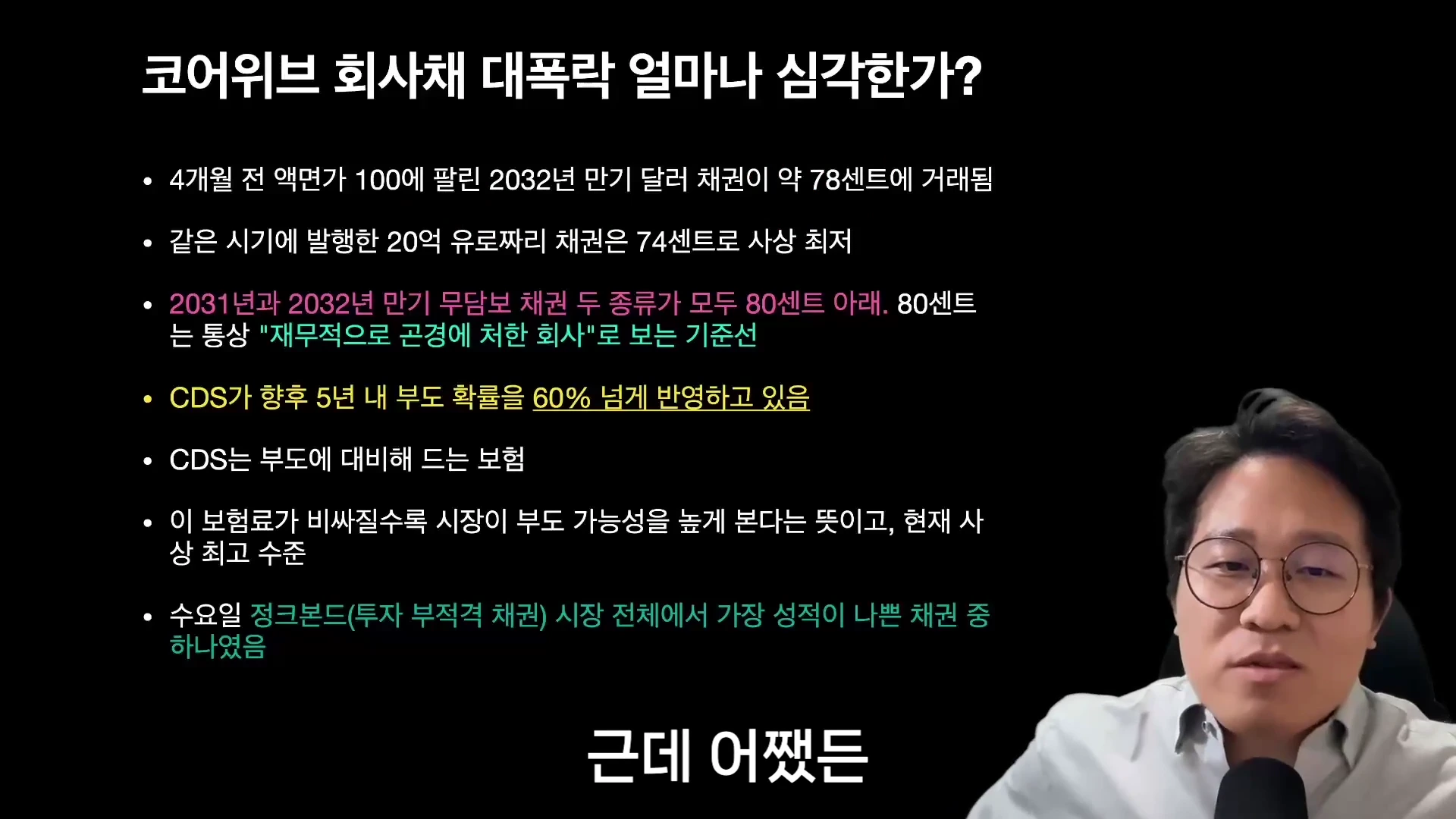 안경을 쓴 남성이 마이크 앞에서 말하고 있고, 옆에는 코어위브 회사채의 심각한 하락세를 설명하는 글머리 기호 목록이 화면에 나타나 있습니다.