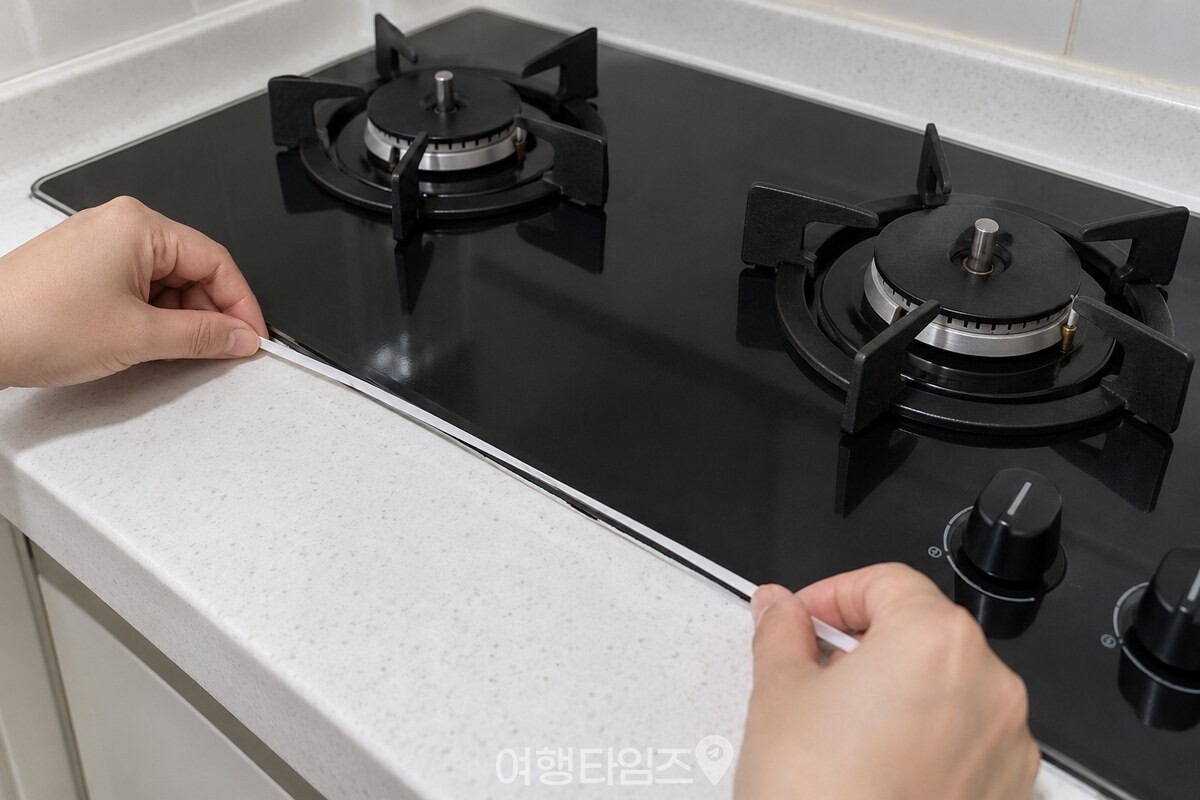 불을 끈 가스레인지 상판 가장자리 틈을 포장 노끈으로 닦는 모습. / 기사 이해를 돕기 위한 생성형 이미지