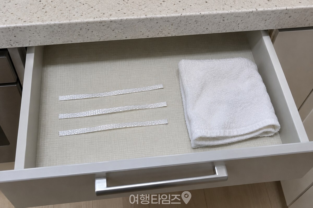 주방 서랍 위에 짧게 잘라 둔 납작한 흰색 포장 노끈과 마른 천. / 기사 이해를 돕기 위한 생성형 이미지