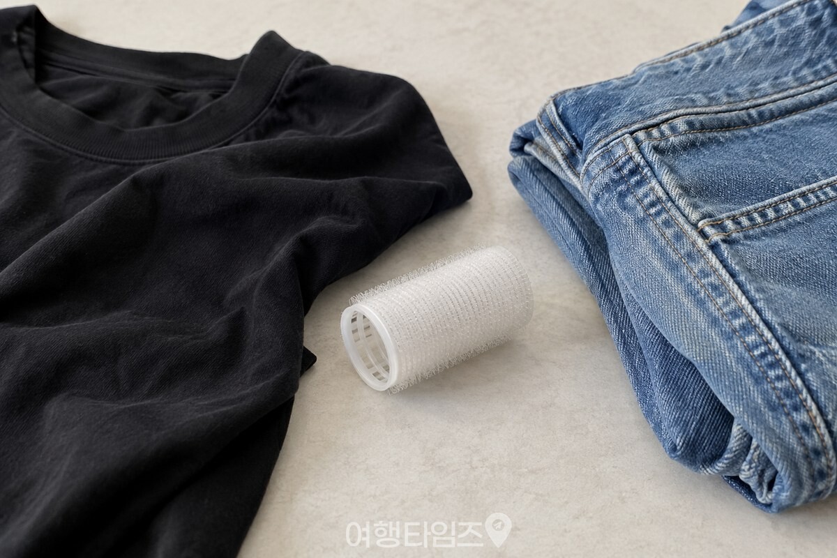 흰색 벨크로 헤어롤 한 개가 검은 면 티셔츠와 청바지 사이에 놓여 있다. / 기사 이해를 돕기 위한 생성형 이미지