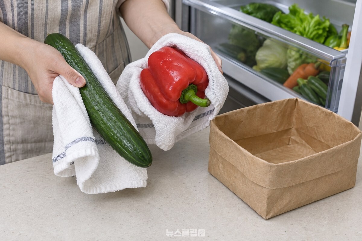 마른 행주로 오이와 파프리카의 물기를 닦아 종이 바구니에 넣기 전 준비하는 모습. / 기사 이해를 돕기 위한 생성형 이미지