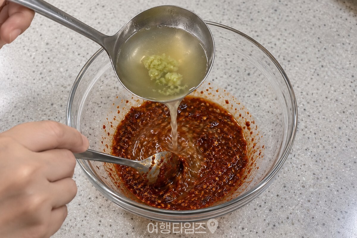 국자로 덜어 낸 멸치육수에 고추냉이를 풀어 양념을 고르게 섞는 모습입니다. / 기사 이해를 돕기 위한 생성형 이미지