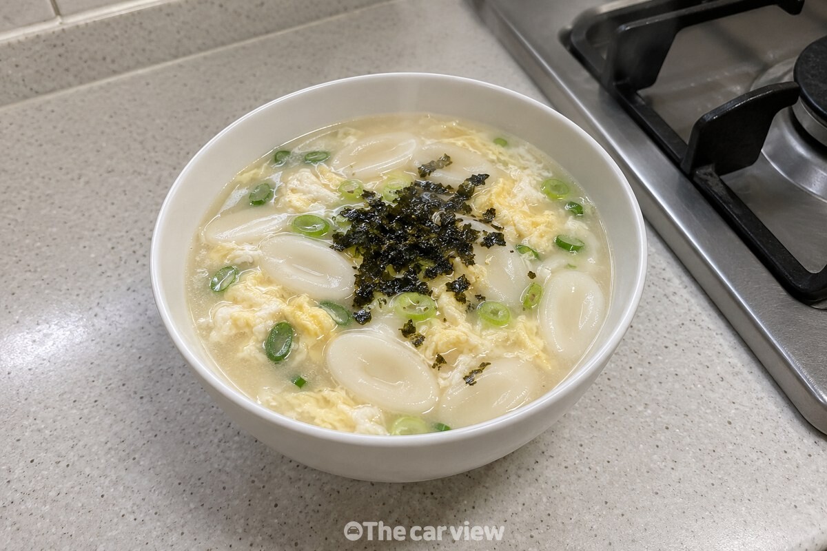 두유 국물에 조랭이떡과 달걀을 담고 파와 김을 올린 떡국 한 그릇. / 기사 이해를 돕기 위한 생성형 이미지