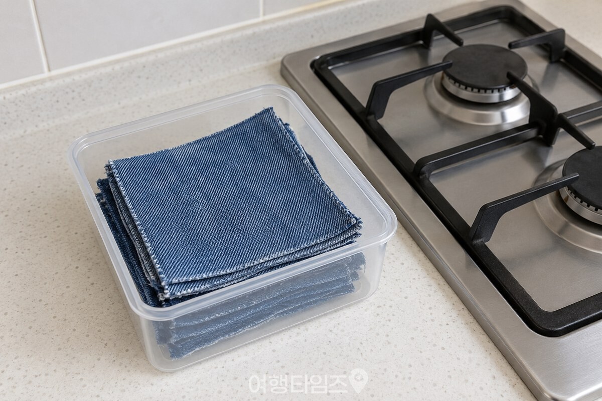 가위로 자른 15cm 크기 데님 조각을 투명 통에 담아 둔 모습. / 기사 이해를 돕기 위한 생성형 이미지