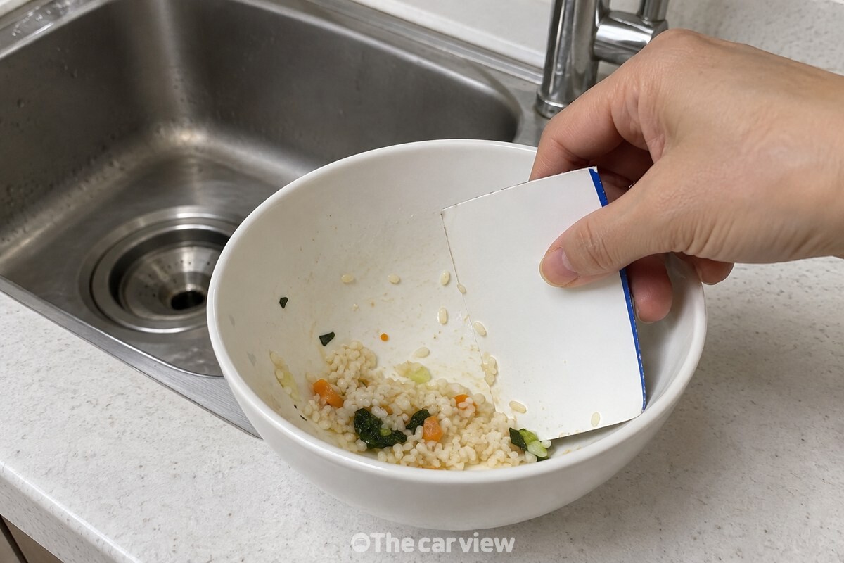 싱크대 옆에서 우유팩 옆면 조각으로 흰 그릇 안의 음식물 찌꺼기를 긁어 내는 모습. / 기사 이해를 돕기 위한 생성형 이미지