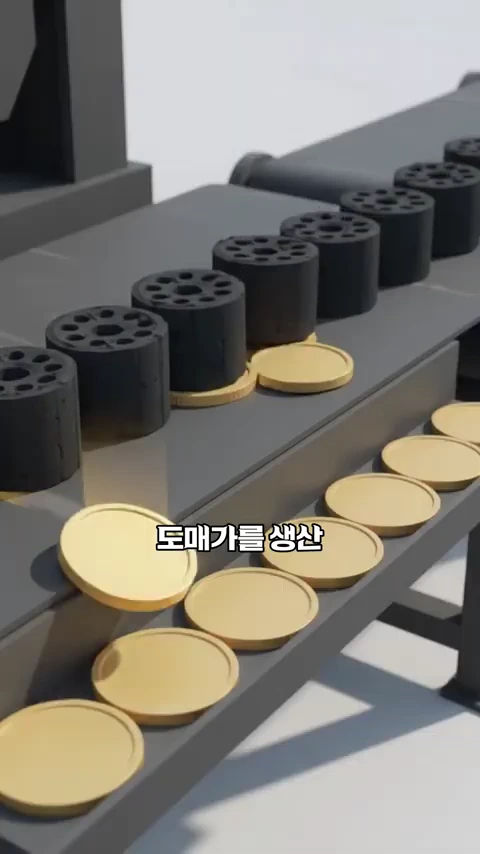 컨베이어 벨트 위로 줄지어 놓인 검은색 연탄과 그 옆으로 금색 코인 형태의 오브젝트들이 나란히 놓여 있는 모습.