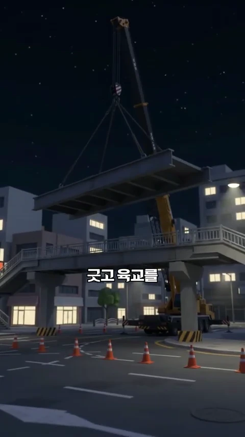 야간에 대형 기중기가 육교의 상판 구조물을 들어 올려 철거하고 있는 모습의 그래픽.