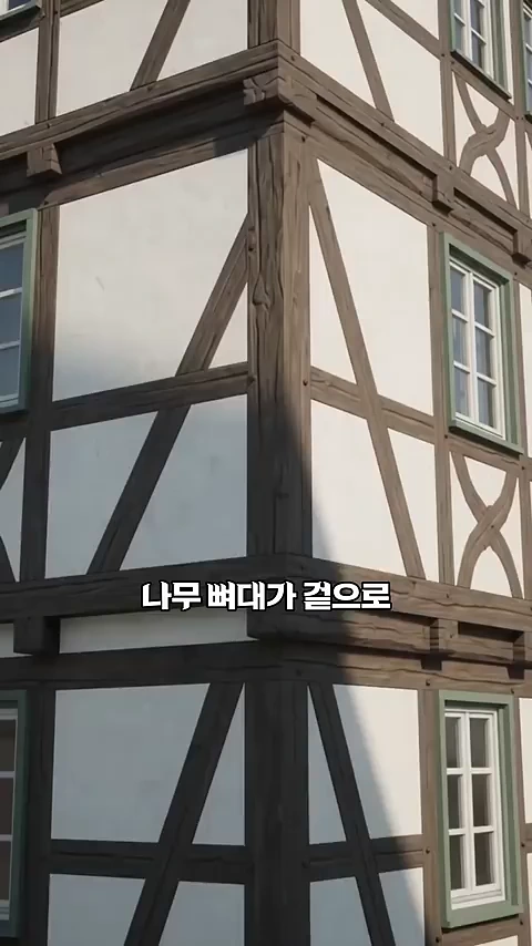 나무 골조가 겉으로 드러난 독일 전통 방식 목조 주택의 외벽 모서리 모습입니다.