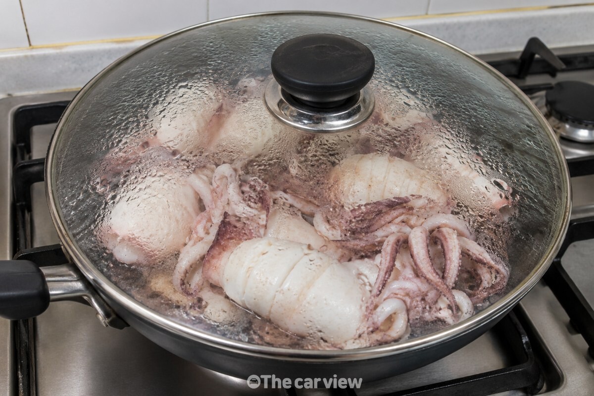 유리 뚜껑 안쪽에 맺힌 물방울과 팬 안에서 색이 변한 오징어가 보인다. / 기사 이해를 돕기 위한 생성형 이미지