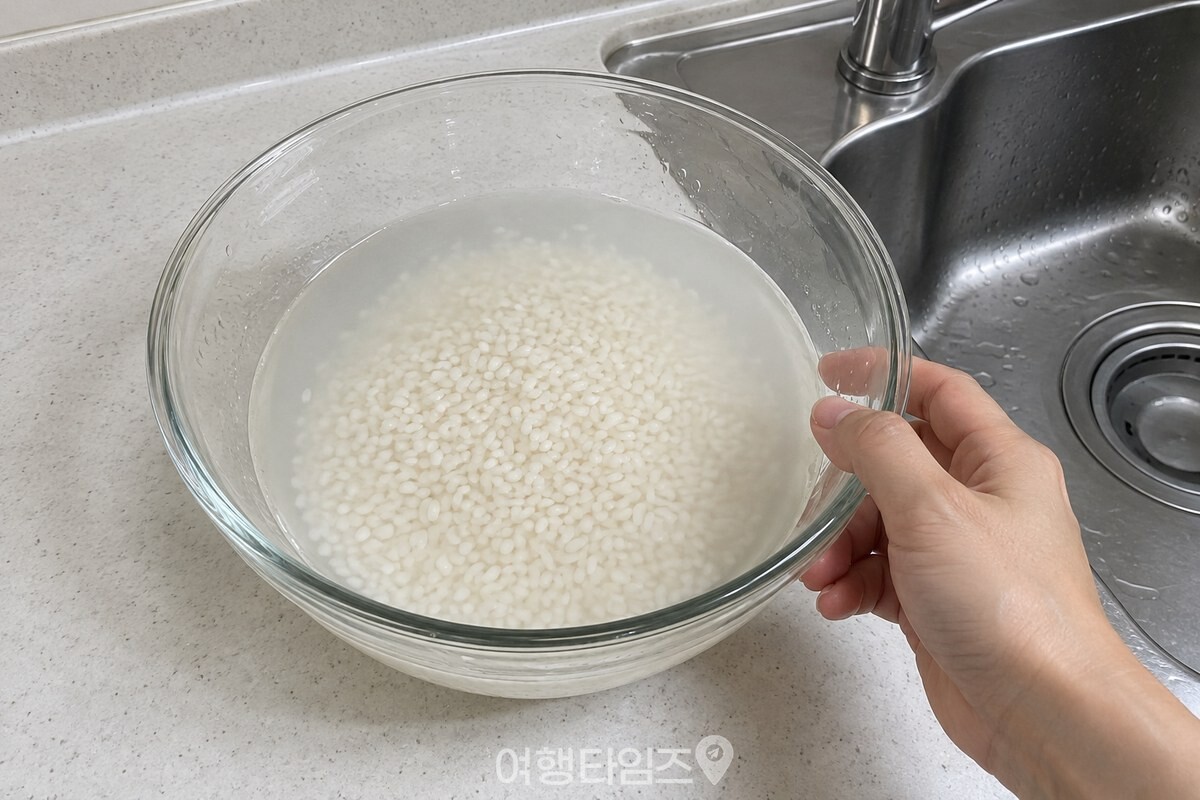 큰 볼에 먼저 받은 물에 쌀을 넣어 첫물을 빠르게 따라내기 직전의 모습. / 기사 이해를 돕기 위한 생성형 이미지
