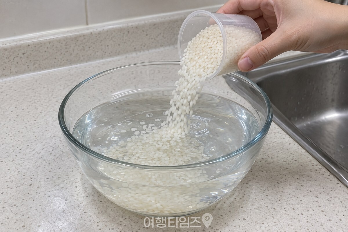 계량컵으로 잰 쌀을 물이 담긴 큰 볼에 넣는 장면. / 기사 이해를 돕기 위한 생성형 이미지