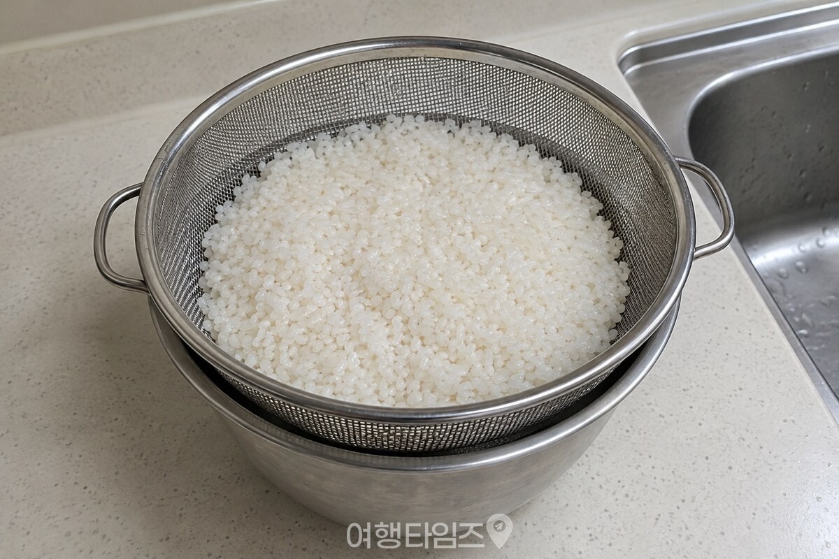 씻은 쌀을 스테인리스 채반에 담아 물기를 빼는 모습. / 기사 이해를 돕기 위한 생성형 이미지