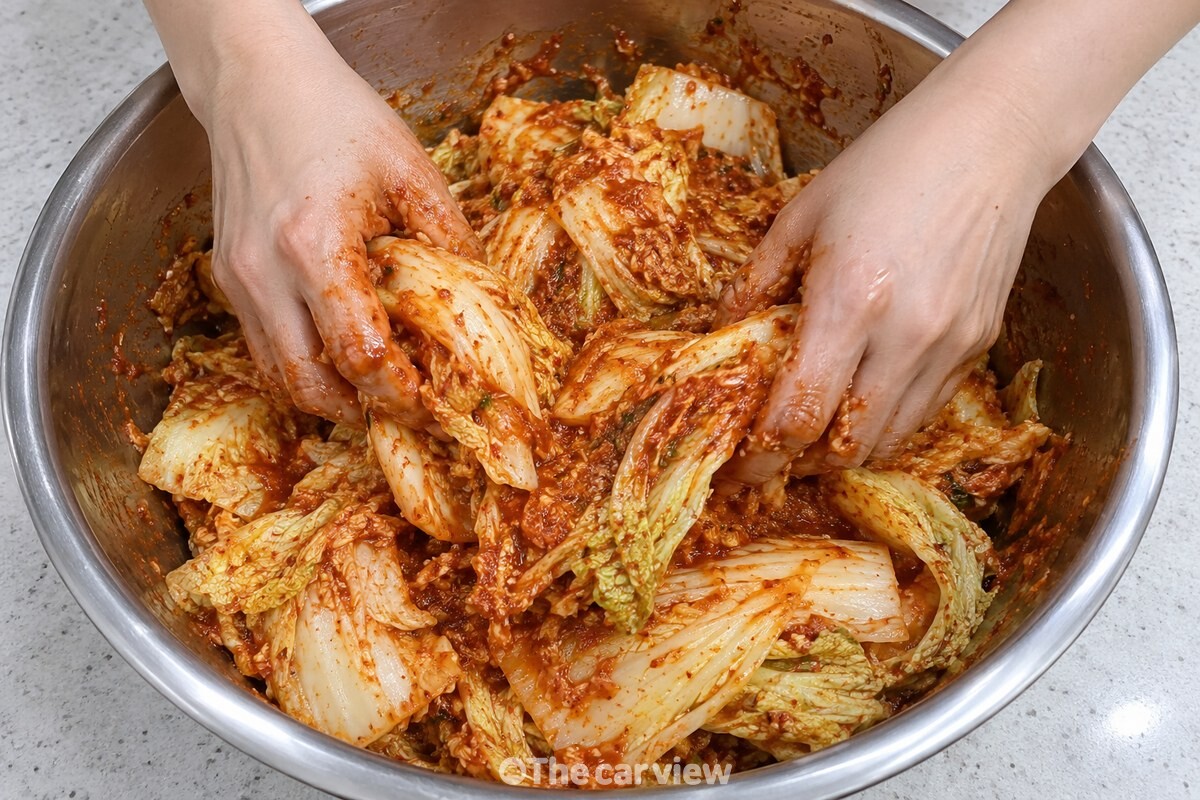 으깬 홍시를 넣은 양념에 절인 배추를 손으로 버무리는 모습. / 기사 이해를 돕기 위한 생성형 이미지
