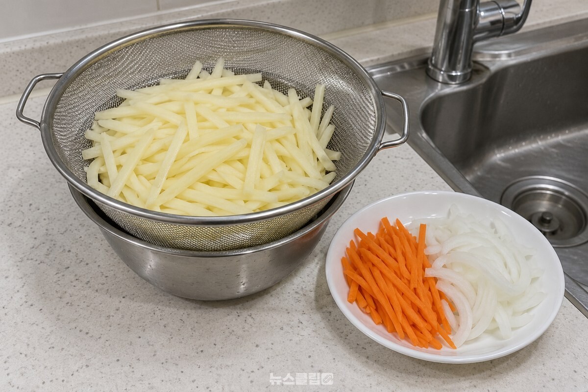 채 썬 감자를 체에 밭쳐 물기를 빼고 당근과 양파를 곁에 준비했다. / 기사 이해를 돕기 위한 생성형 이미지