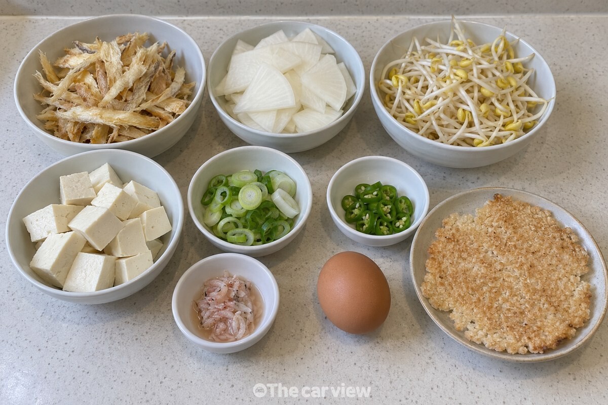 북어국 재료와 누룽지 한 장을 조리대에 필요한 만큼 준비했다. / 기사 이해를 돕기 위한 생성형 이미지