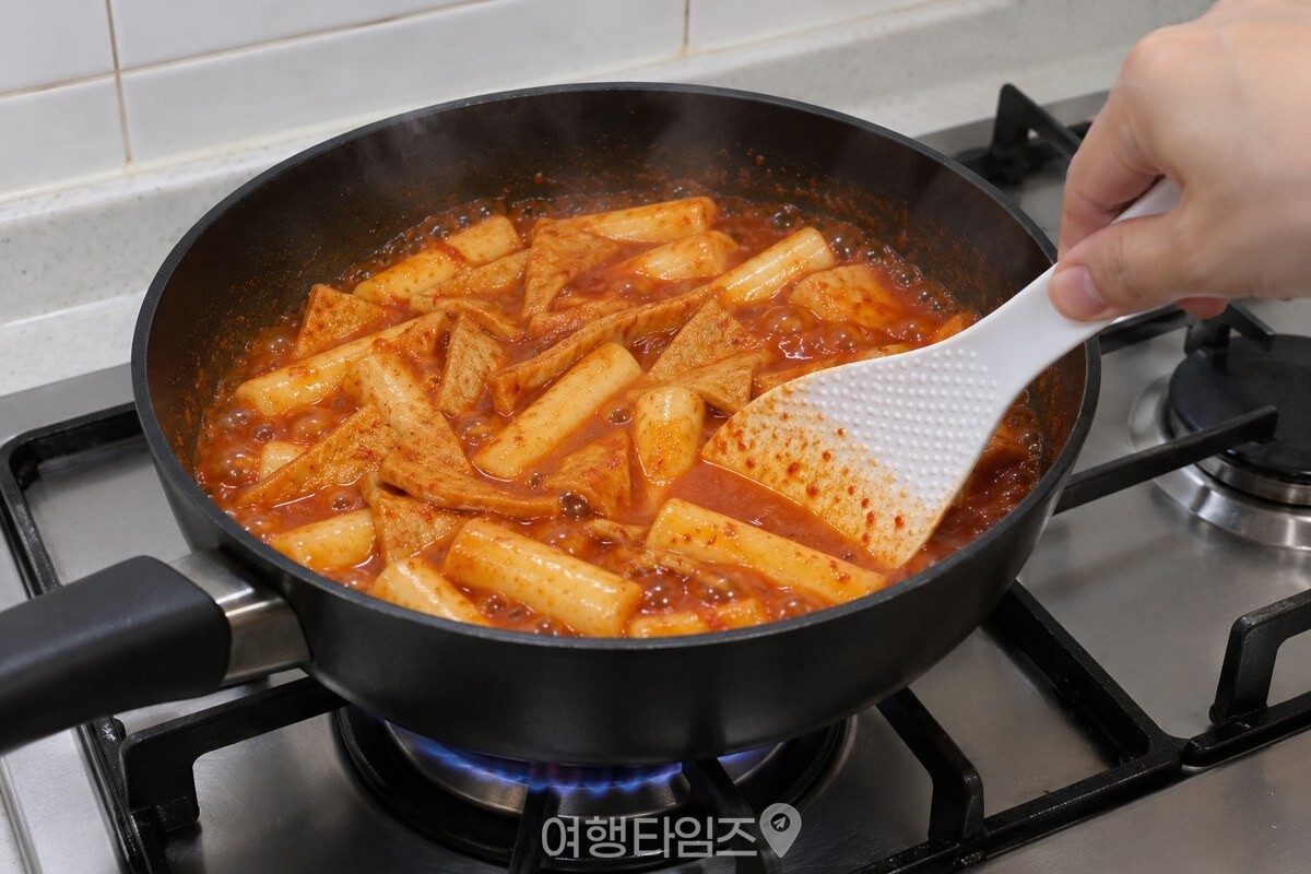 중불의 팬에서 떡과 어묵을 주걱으로 저으며 졸이는 모습이다. / 기사 이해를 돕기 위한 생성형 이미지