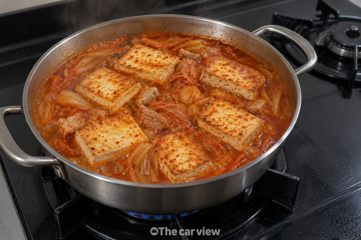 들기름에 양면을 노릇하게 구운 두부가 김치찌개 국물에 담겨 있다. / 기사 이해를 돕기 위한 생성형 이미지
