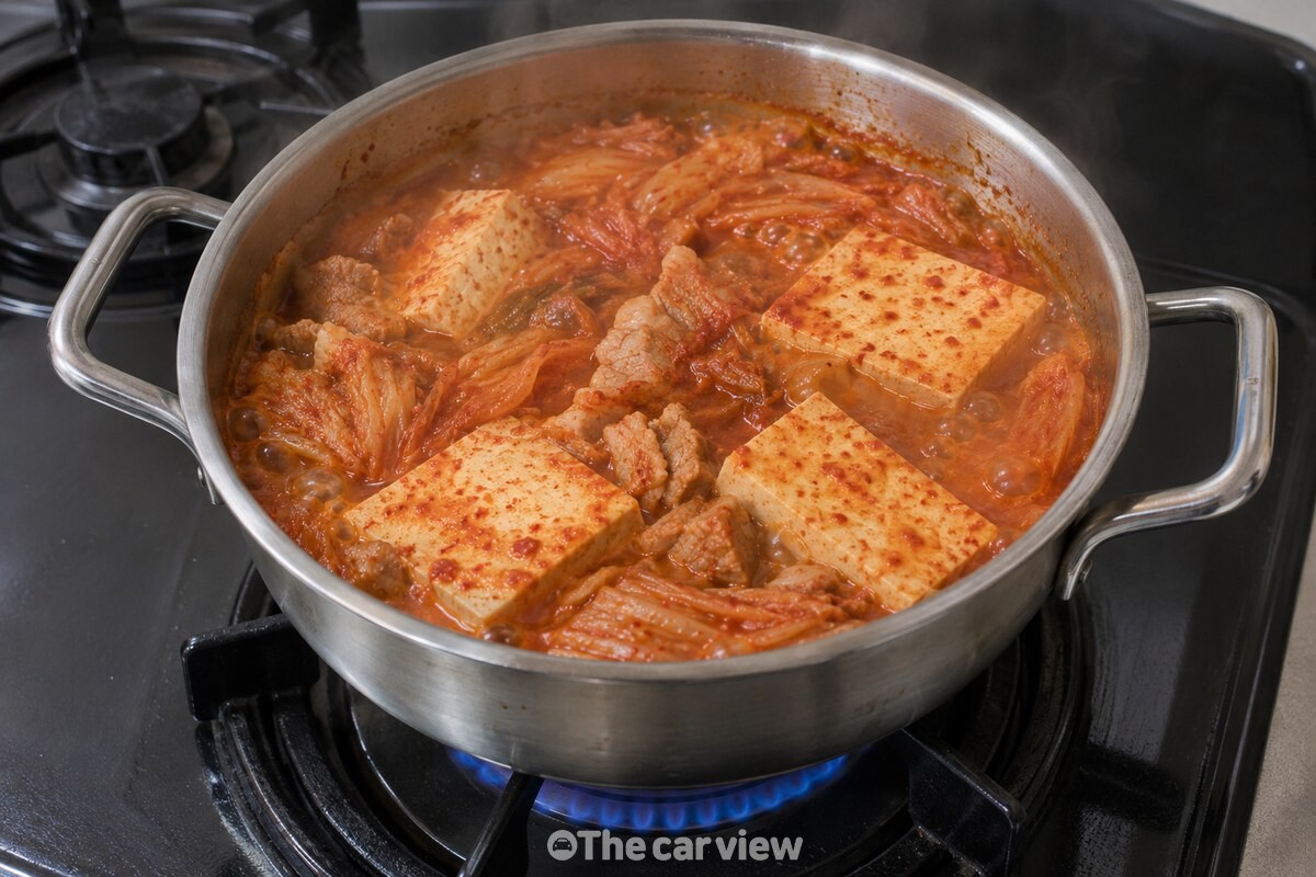 붉은 김치찌개 국물에 구운 두부를 넣어 중불에서 끓이는 모습이다. / 기사 이해를 돕기 위한 생성형 이미지