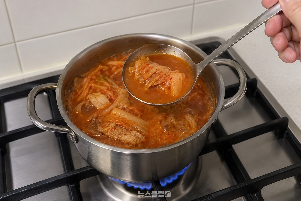 오래 익은 김치가 든 김치찌개 국물을 국자로 떠 본 모습. / 기사 이해를 돕기 위한 생성형 이미지
