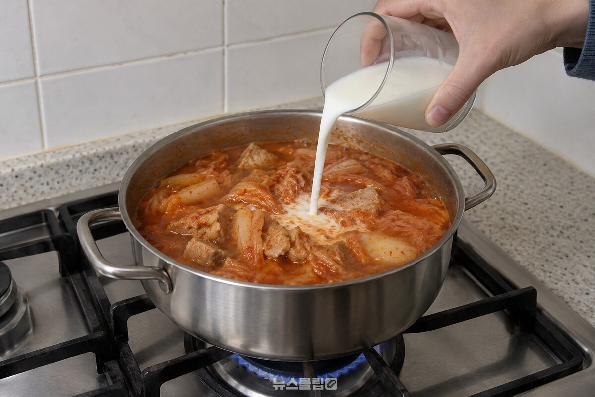 중약불의 김치찌개 가장자리에 흰 우유를 조금씩 붓고 있다. / 기사 이해를 돕기 위한 생성형 이미지