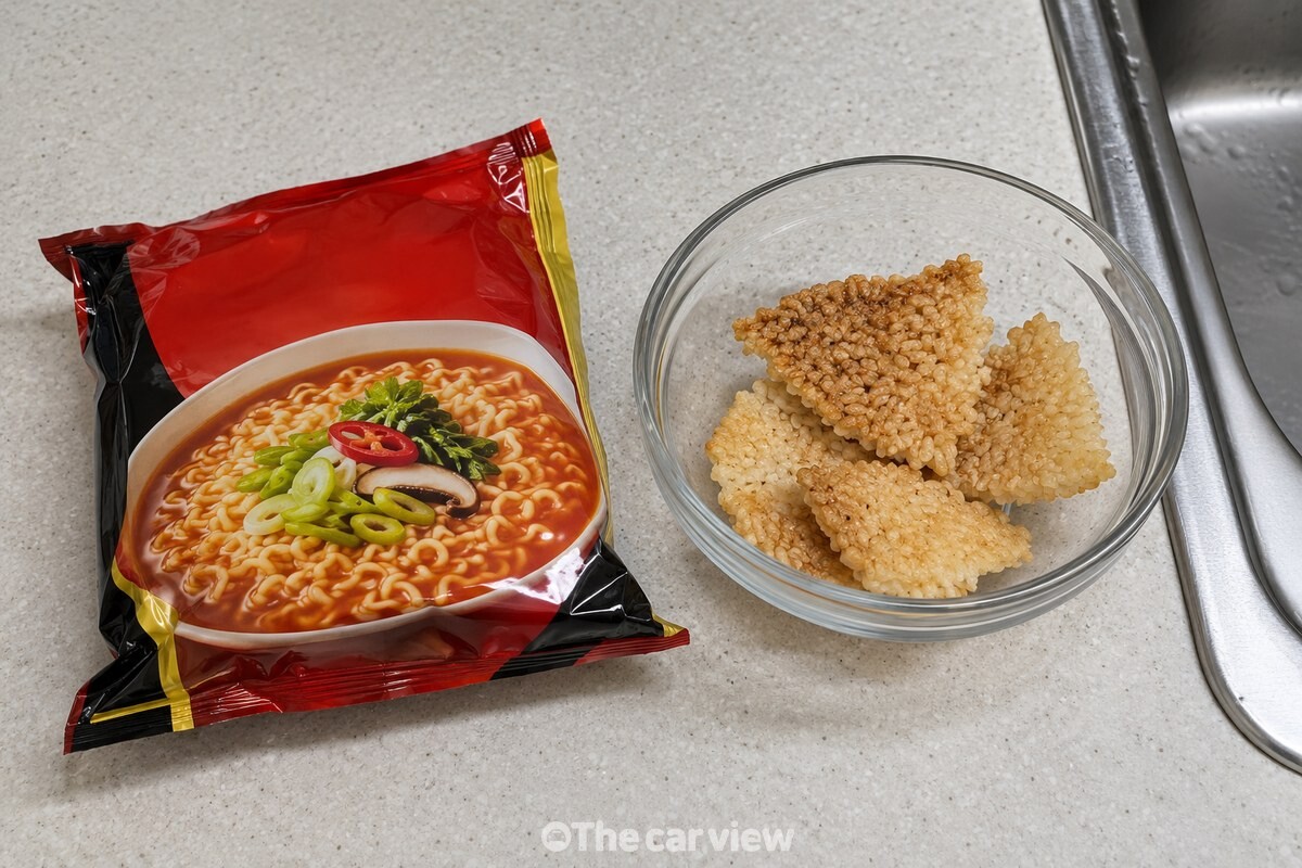라면 한 봉지와 잘게 나눈 누룽지 40g을 준비한 모습. / 기사 이해를 돕기 위한 생성형 이미지
