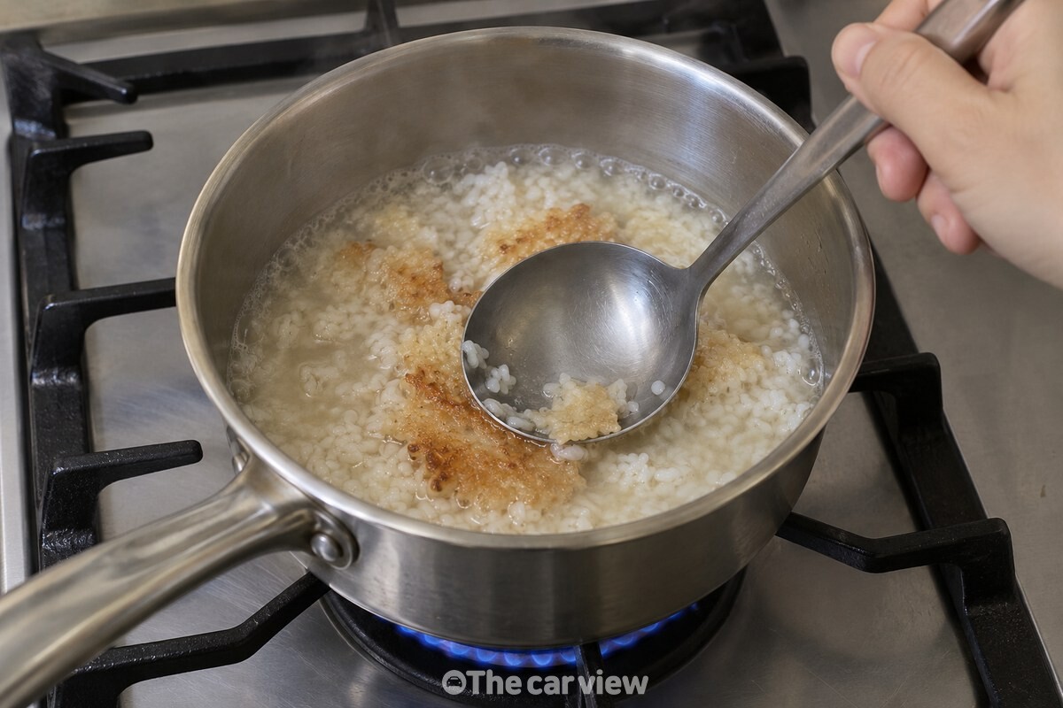 끓는 물에서 국자로 누룽지를 눌러 쌀알을 풀어 주는 모습. / 기사 이해를 돕기 위한 생성형 이미지