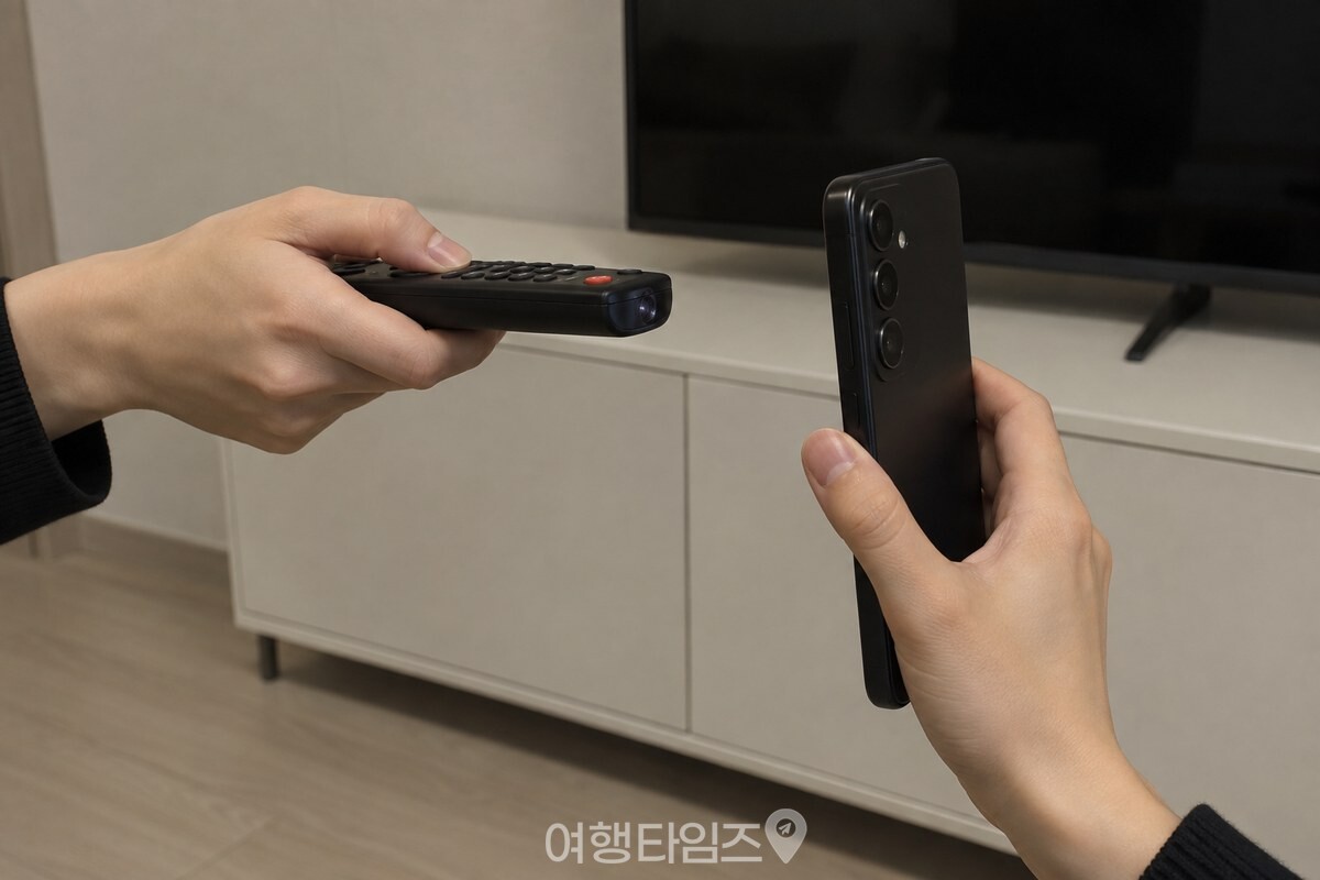 휴대폰 뒷면 카메라를 향해 리모컨 앞쪽을 한 뼘 거리로 든 모습. / 기사 이해를 돕기 위한 생성형 이미지
