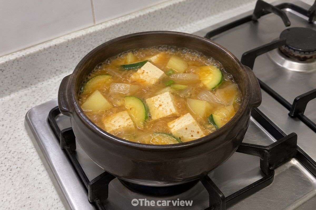 뚝배기에 끓인 된장찌개 위로 두부와 애호박이 보이는 모습 / 기사 이해를 돕기 위한 생성형 이미지